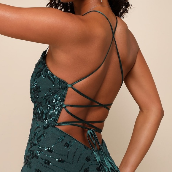 NWOT Photo Finish Forest Green Sequin Lace-Up Maxi Dress - Picture 5 of 9